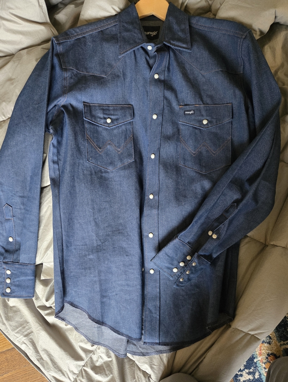 Wrangler Western Shirt With Pearl Snaps. Stiff Denim. Medium